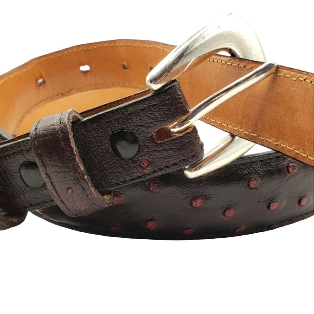 Nocona Dark Brown Red Leather Belt 32 Ostrich Pattern Silver Tone Buckle Western
